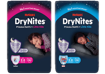 2 packs of huggies drynites pyjama pants age 3-5 that offer support for children who have enurisis